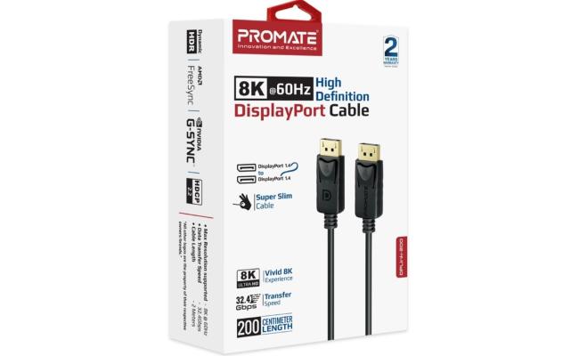 Promate DisplayPort Cable, Premium Ultra HD 8K@60Hz Video Display Cord with 32.4Gbps Bandwidth Transmission, Gold Plated Connectors, 2m Super Slim Cable - Black